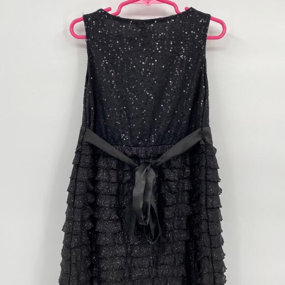 Justice Sleeveless Tank Dress Black Sequin Ruffles Fit & Flare Tie Back size 8 - Picture 6 of 6
